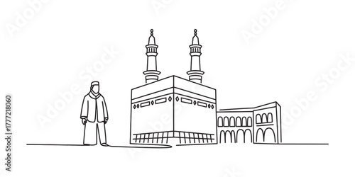 Muslim man standing beside the sacred kaaba in a minimalist line art illustration, depicting the spiritual journey of hajj and devotion to islam. Vector