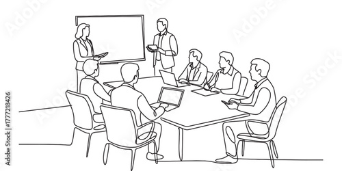 Continuous line art illustration of a diverse business team collaborating in a corporate meeting, discussing strategy and innovative ideas Vector