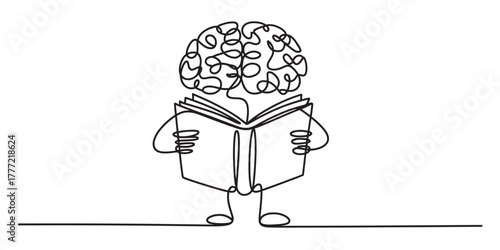 Continuous line drawing of a brain reading a book, symbolizing knowledge, education, learning, mental development, on a clean white background. Vector