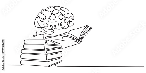 Continuous line art of a human brain emerging from a stack of books and an open book, symbolizing knowledge, learning, and intelligence development Vector