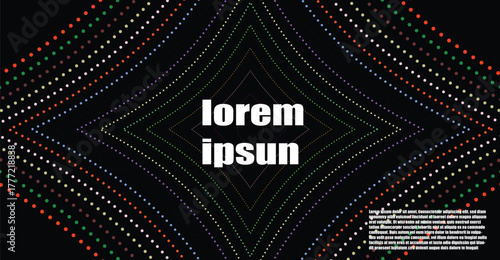 Abstract geometric design with a diamond shape formed by colorful dots, centered text.