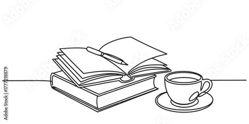 Continuous line drawing showing an open book with a pen, stacked on another book, next to a coffee cup. concept of education, study, and creative work. Vector