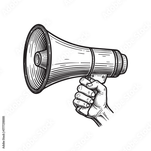 Hand Holding Megaphone Bullhorn Engraving Vector Illustration