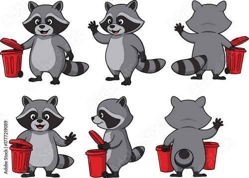 Cartoon raccoon character with red trash bin, cute animal mascot illustration, waste management, recycling, garbage sorting, eco friendly design vector