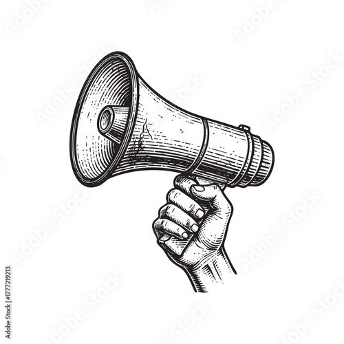 Hand Holding Megaphone Bullhorn Engraving Vector Illustration