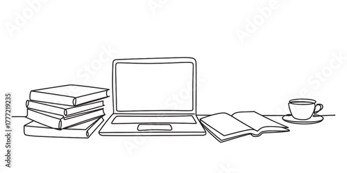One line drawing of a clean workspace with a laptop, books, and coffee. remote work, study, and online education concept illustration. Vector