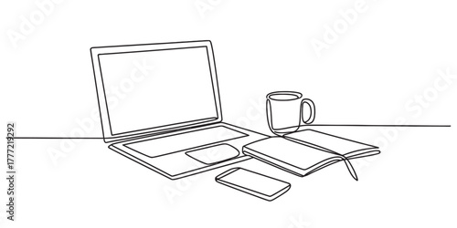 Continuous line drawing of a minimalist modern workspace setup featuring a laptop, open notebook, coffee mug, and smartphone on a simple desk surface. Vector