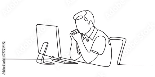 Continuous line art drawing of a man working intently on a desktop computer, symbolizing focus, business productivity, and technology in a modern office environment. graphic design. Vector