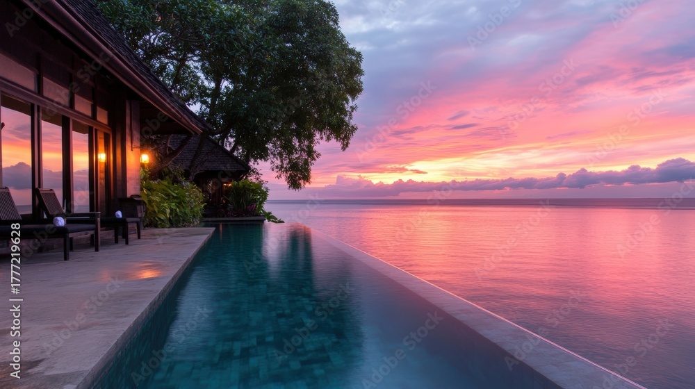 Fototapeta premium A serene tropical sunset by an infinity pool, reflecting vibrant colors over the calm ocean, perfect for travel articles, vacation rentals, or wellness retreats,