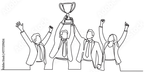 Jubilant business team, single line art, raising a gleaming trophy in celebration of their collective success, accomplishment and triumph. Vector