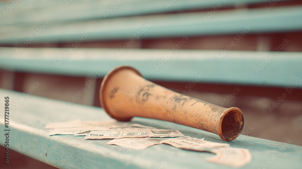 Fototapeta premium Worn horn and tickets on bleacher bench