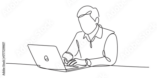 Minimalist continuous line art drawing of a man working on a laptop, depicting remote work, online learning, and digital technology concepts with clean strokes. Vector