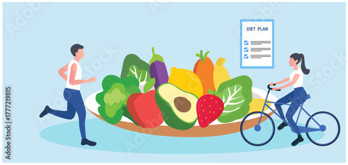 Healthy diet plan, woman eat healthy food and planning diet with fruit and vegetable vector	
