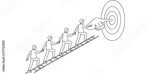 Teamwork climbing ladder to success with leadership guidance pointing towards a business target, illustration of collaborative progress and goal achievement Vector