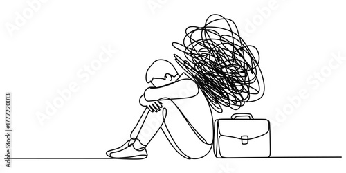 Continuous line drawing: person hunched over, head in arms, with a briefcase and tangled thoughts, illustrating stress, anxiety, and burnout. Vector