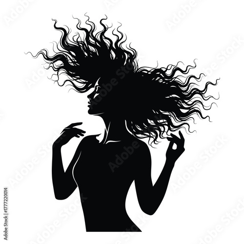 Elegant silhouette of a woman with flowing, voluminous hair, captivating beauty and style