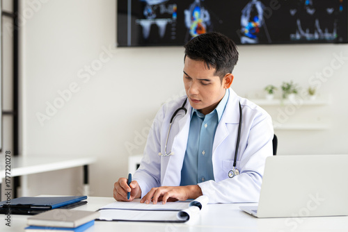  professional doctor wearing uniform taking notes in journal, physician therapist practitioner filling medical documents, clipboard, patient form, illness history, prescription.