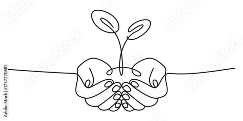 Continuous line art drawing of two cupped hands holding a small plant seedling, symbolizing nature's growth, care, protection, and sustainability. Vector