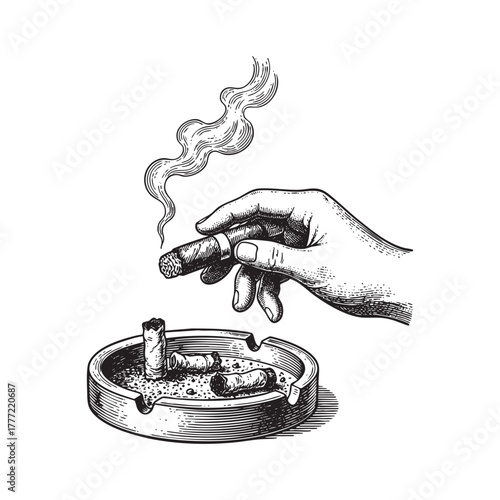 Hand with Smoking Cigar and Ashtray Engraving Vector Illustration