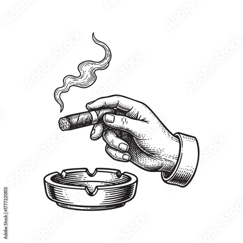 Hand with Smoking Cigar and Ashtray Engraving Vector Illustration