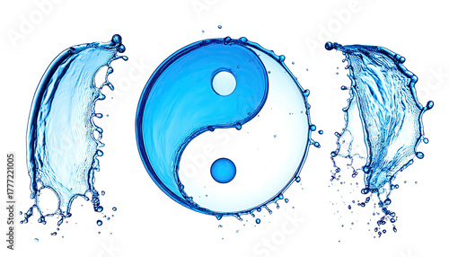Water Yin-Yang icon with splashes on dark, balanced
