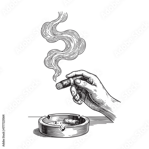 Hand with Smoking Cigar and Ashtray Engraving Vector Illustration