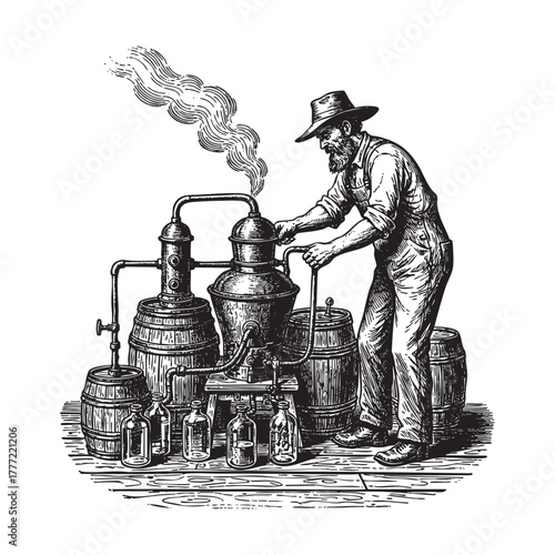 Man Operating Moonshine Still Alcohol Engraving Vector Illustration