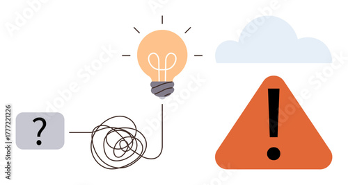 Question mark leads to tangled line resolving into light bulb and warning sign under cloud. Ideal for problem solving, innovation, brainstorming, risk management, creativity, uncertainty, simple flat