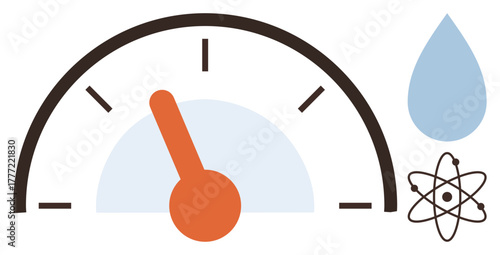 Gauge with orange needle, blue water drop, atom icon symbolizing energy monitoring, sustainability, efficiency, and resource management. Ideal for science, energy, environment climate change