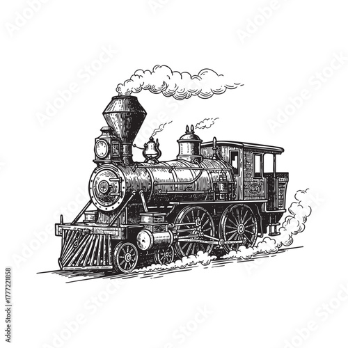 Vintage Classic Steam Train Locomotive Engraving Vector Illustration