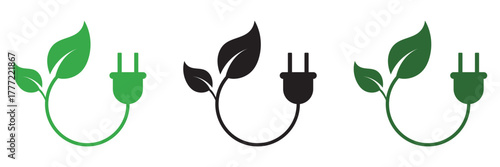 Eco power plug icons with green leaves. Eco-friendly electrical plug symbols combining leaves and cables, representing sustainable energy, green technology, and environmental  conservation.
