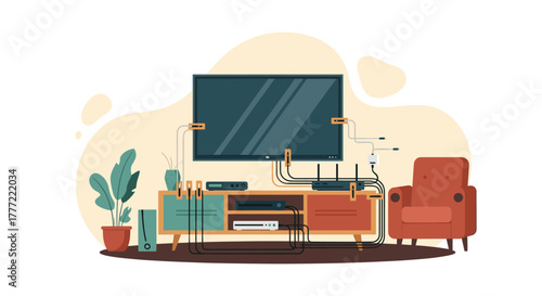 An illustrated living room scene features a television mounted above a cabinet with various electronic devices, a potted plant, and a comfortable armchair.