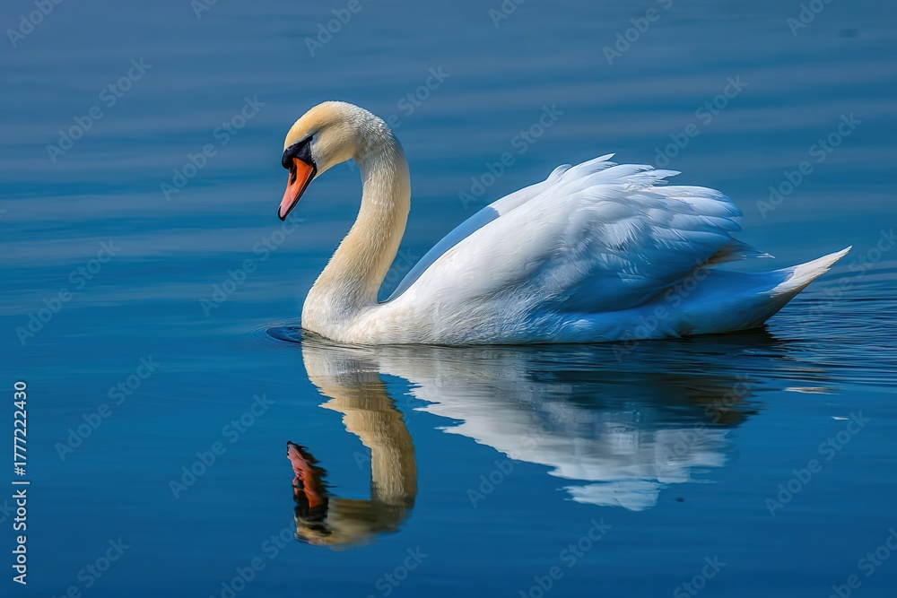 Fototapeta premium A graceful white swan glides across calm blue water, creating a clear reflection. The scene captures the beauty of nature and tranquility.