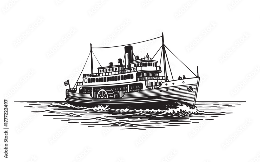 Fototapeta premium Ferry Boat Engraving Vector Illustration