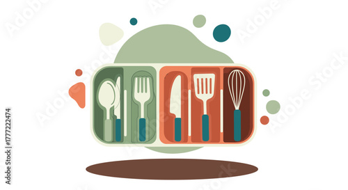 A colorful illustration showcases a kitchen utensil organizer filled with various tools, perfect for culinary endeavors and food preparation.