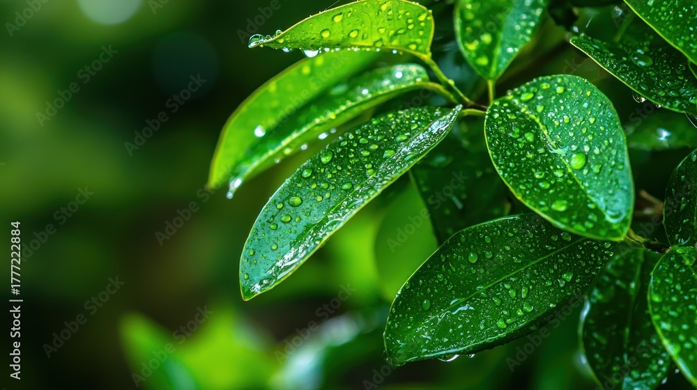 Fototapeta premium A macro shot of dew on green leaves reflecting the surrounding garden in crisp detail
