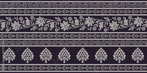Floral ethnic pattern with elegant leaves and flowers in horizontal stripes creating beautiful decorative design for textile or wallpaper