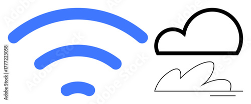 wireless signal arcs alongside outlined cloud shapes, conveying connectivity, data storage, online access, and network communication. Ideal for technology, cloud computing, wireless services