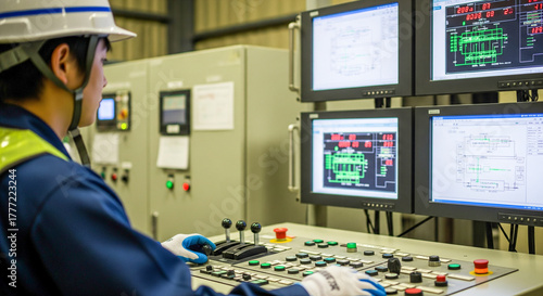 ゴミ焼却施設でモニターを操作する管理作業員