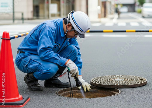 ライトを使ってマンホールを点検する作業員