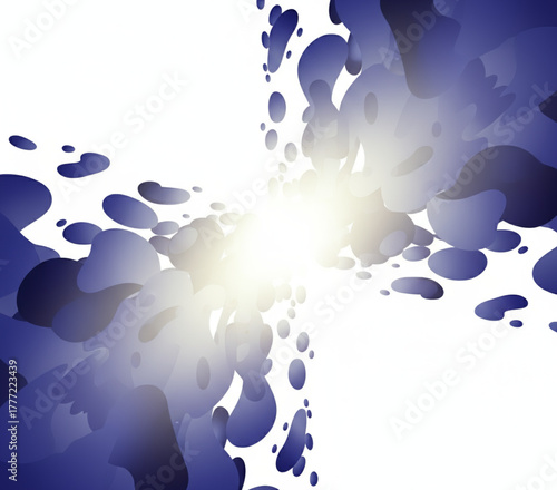 Energetic abstract composition with flowing blue and purple liquid forms expanding from a brilliant luminous core, illustrating dynamic movement and futuristic design