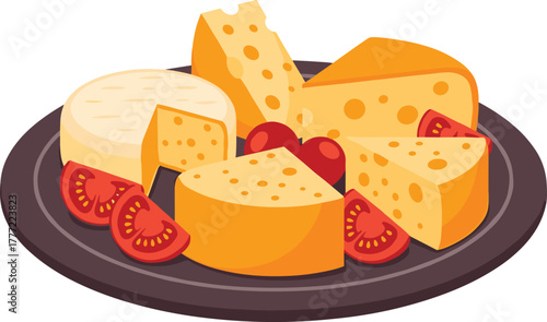 Cheese platter with assorted cheeses, sliced tomatoes, gourmet appetizer, dairy products, fresh vegetables, party snack, rustic food presentation, healthy cuisine