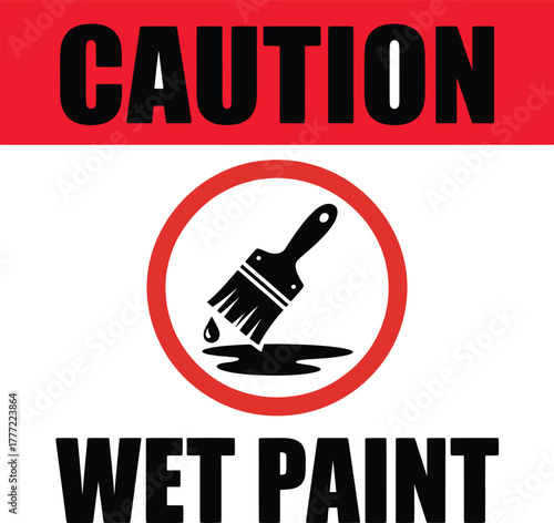 Wet paint caution vector icon with bold black text, red header, and dripping brush graphic inside circular symbol to warn against contact.