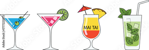 Colorful cocktails illustration, martini glass with olives, lime garnish, tropical mai tai with umbrella, refreshing mojito with mint leaves, ice