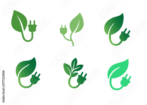 Eco Energy Plug and Leaf Green Power Icons Set