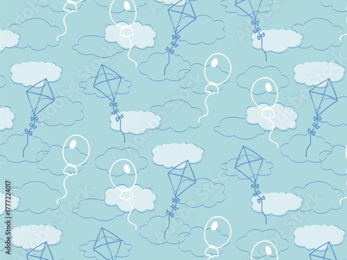 Seamless aesthetic, light pattern of vector pastel clouds with balloon and kite on blue sky