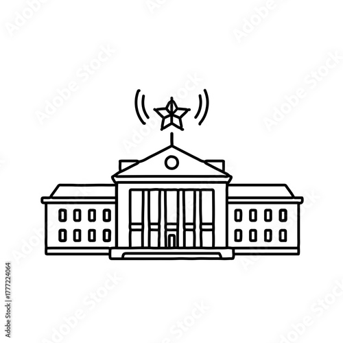Black and white minimal icon depicting the silhouette of a global courthouse with a justice star. Symbolizes the function of the International Criminal Court (ICC)
