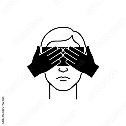 Black and white icon of an abstract face with covered eyes. Represents vulnerability, the impact of international crimes, and the urgent call for legal protection and accountability