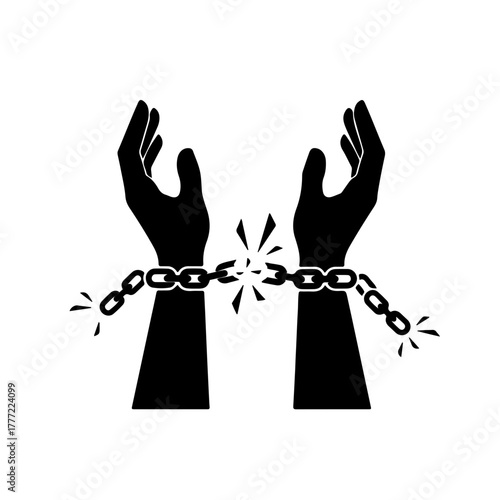 Black and white icon depicting shattered chains on wrists. Illustrates the end of oppression and the triumph of international justice and human dignity. Ideal visual for raising awareness