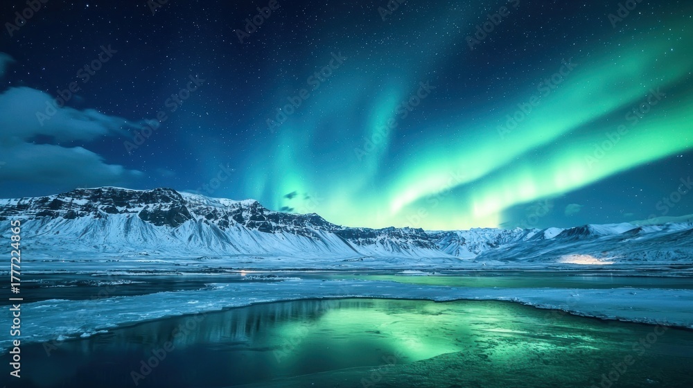 Fototapeta premium A dramatic northern lights display painting the night sky above jagged volcanic mountains and frozen lakes